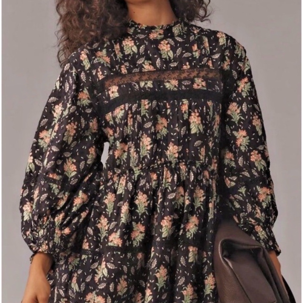 Anthropologie Black Floral Long Sleeve Dress